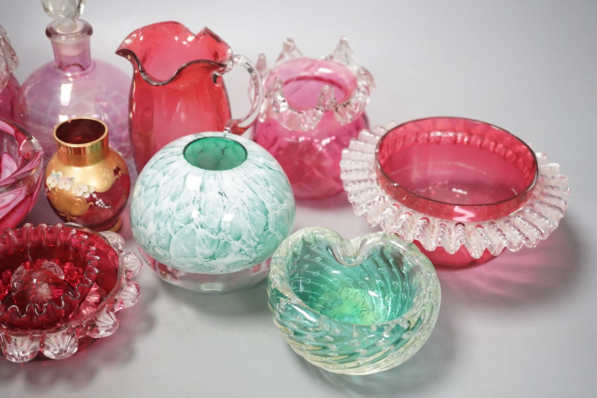 A group of small Cranberry and green glass vases, bowls etc. (12)